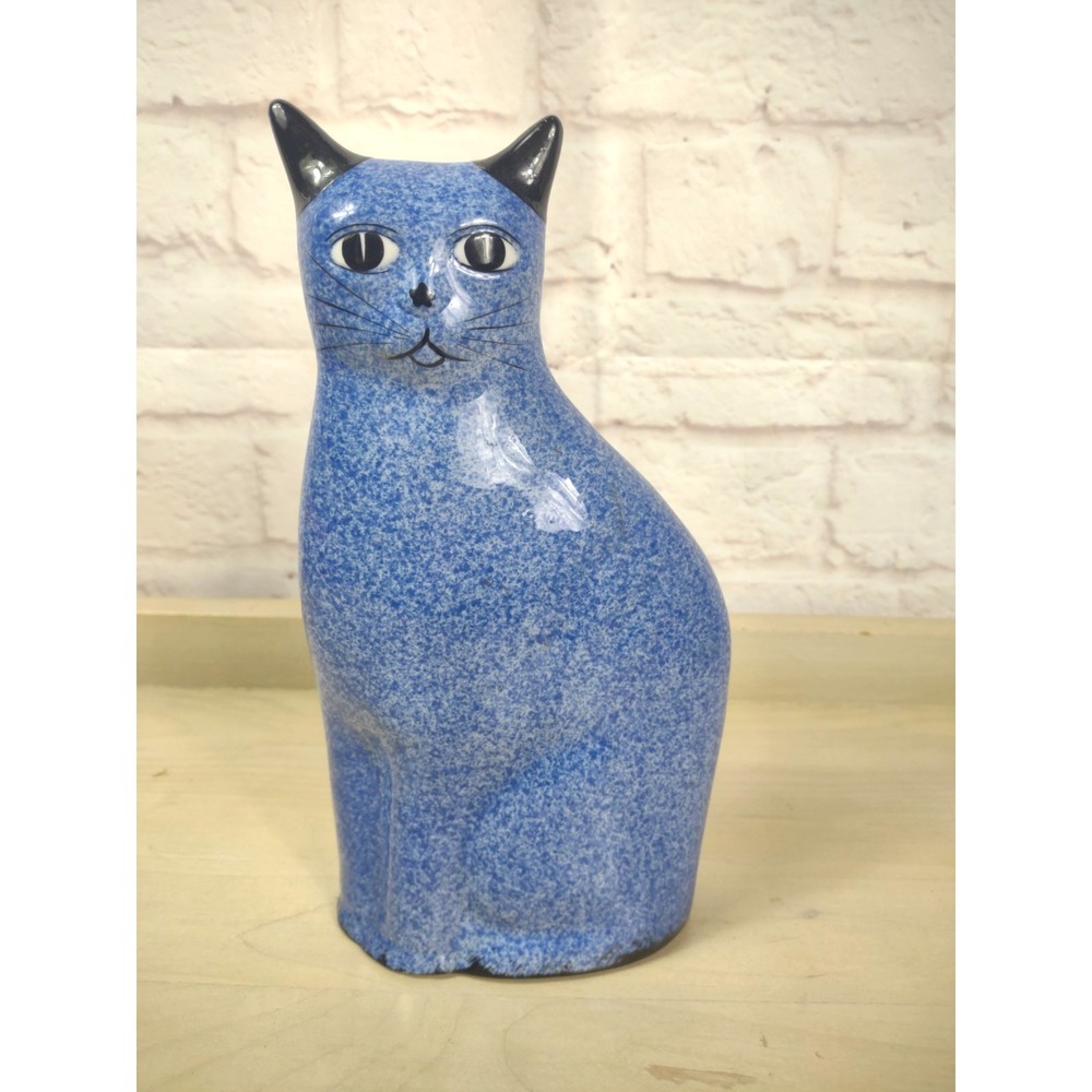 Vintage Pier One 1 Ceramic Porcelain Cat Kitty Figure 9" Blue Speckled